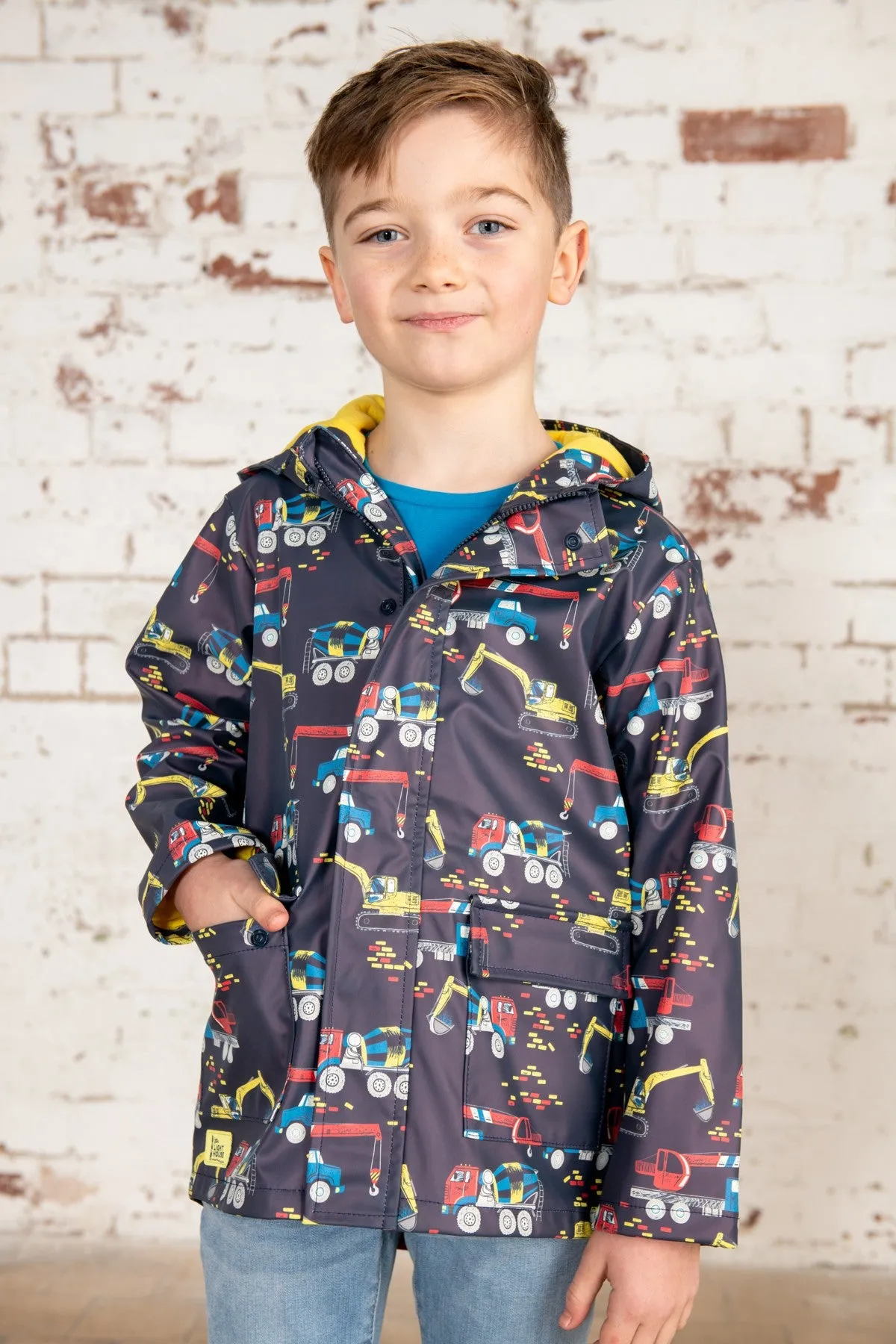 Lighthouse Kids Anchor Waterproof Jacket With All Over Digger And Lorry Print-NAVY