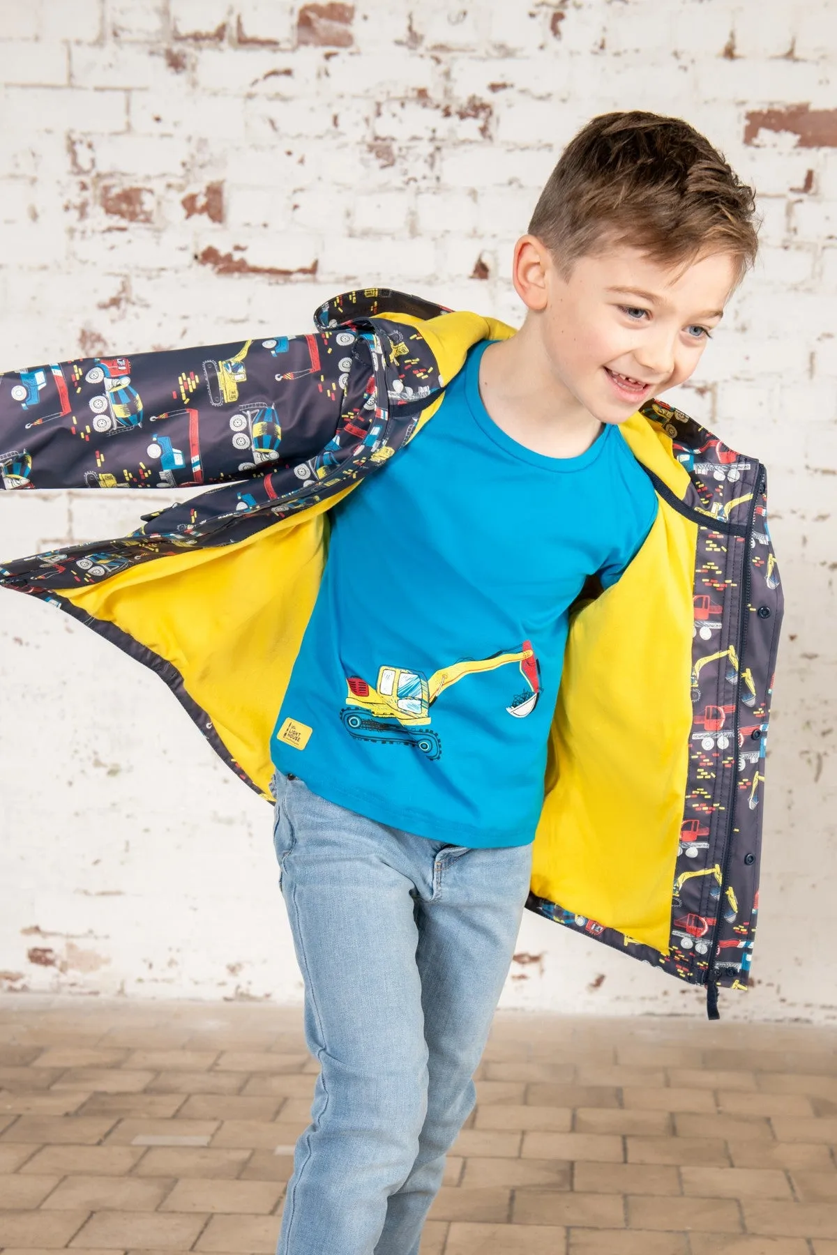 Lighthouse Kids Anchor Waterproof Jacket With All Over Digger And Lorry Print-NAVY